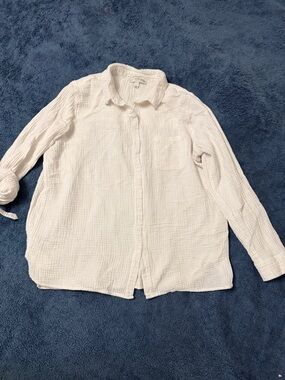 Anne Klein Large White Textured Button-Down Shirt 3/4 Sleeve